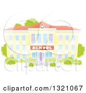 Cartoon Yellow School Building Facade With Shrubs