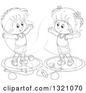 Poster, Art Print Of Cartoon Black And White Boy And Girl Working Out With Balls And Jump Ropes