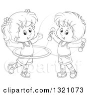 Poster, Art Print Of Cartoon Black And White Boy And Girl Working Out With Dumbbell Weights And A Hula Hoop