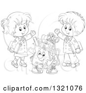 Poster, Art Print Of Cartoon Black And White Backpack Character And Waving School Children In Uniforms