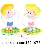 Poster, Art Print Of Cartoon Caucasian Boy And Girl Working Out With Balls And Jump Ropes