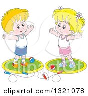Poster, Art Print Of Cartoon White Boy And Girl Working Out With Balls And Jump Ropes