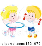 Cartoon Caucasian Boy And Girl Working Out With Dumbbell Weights And A Hula Hoop