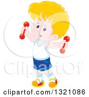 Poster, Art Print Of Cartoon Caucasian Boy Working Out With Dumbbells