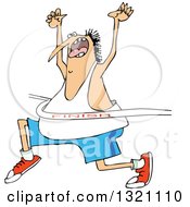 Poster, Art Print Of Cartoon Chubby White Man Cheering While Breaking Through A Race Finish Line