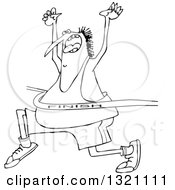 Lineart Clipart Of A Cartoon Black And White Chubby Man Cheering While Breaking Through A Race Finish Line Royalty Free Outline Vector Illustration by djart