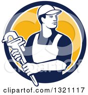Poster, Art Print Of Retro Male Plumber Holding A Monkey Wrench And Looking To The Side In A Blue White And Yellow Circle