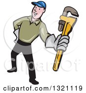 Poster, Art Print Of Cartoon White Male Plumber Holding Out A Monkey Wrench