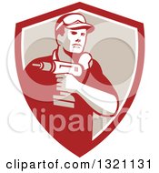 Retro Male Handy Man Holding A Power Drill In A Red White And Tan Shield
