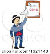 Poster, Art Print Of Cartoon Man With A Cane And A Bowler Hat Peeling Back A 2015 And 2016 Calendar