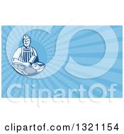 Poster, Art Print Of Retro Woodcut Butcher And Blue Rays Background Or Business Card Design