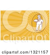 Retro Chef Holding A Cloche Platter And Orange Rays Background Or Business Card Design