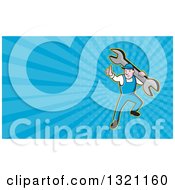 Poster, Art Print Of Cartoon Mechanic Or Plumber Giving A Thumb Up And Holding A Giant Spanner Wrench And Blue Rays Background Or Business Card Design