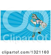 Clipart Of A Cartoon Mechanic Or Plumber Giving A Thumb Up And Holding A Giant Spanner Wrench And Blue Rays Background Or Business Card Design Royalty Free Illustration