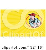 Poster, Art Print Of Cartoon White Male Mechanic Holding A Spanner Wrench And Looking Over His Shoulde And Yellow Rays Background Or Business Card Design