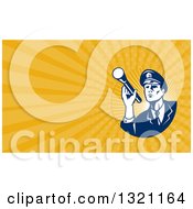Retro Police Officer Or Guard Shining A Flashlight And Orange Rays Background Or Business Card Design