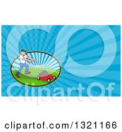 Poster, Art Print Of Cartoon White Man Mowing A Lawn And Blue Rays Background Or Business Card Design
