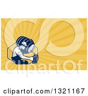 Poster, Art Print Of Retro Male Bartender Pouring Beer From A Keg In To A Pitcher And Yellow Rays Background Or Business Card Design