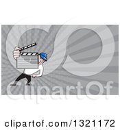 Poster, Art Print Of Cartoon Director Holding Up A Clapper Board And Gray Rays Background Or Business Card Design