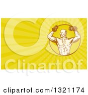 Poster, Art Print Of Retro Sketched Bodybuilder With Dumbbells And Yellow Rays Background Or Business Card Design