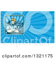 Clipart Of A Retro Builder And House Frame And Blue Rays Background Or Business Card Design Royalty Free Illustration