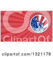 Clipart Of A Retro Lady Justice Holding Scales Up Over An American Flag And Red Rays Background Or Business Card Design Royalty Free Illustration