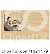 Poster, Art Print Of Retro Photographer Using A Bellows Camera And Tan Rays Background Or Business Card Design