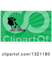 Poster, Art Print Of Retro Silhouetted Landscaper With A Shovel And Plant And Green Rays Background Or Business Card Design