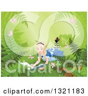 Clipart Of Alice In Wonderland Reading A Book On The Forest Floor With Ferns And Butterflies Royalty Free Vector Illustration by Pushkin