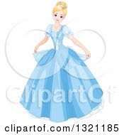 Blond Haired Blue Eyed Caucasian Princess Cinderella Curtseying In A Blue Ball Gown