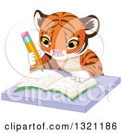 Poster, Art Print Of Cute Baby Tiger Cub Writing In A Notebook At A Desk