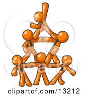 Group Of Orange Businessmen Piling Up To Form A Pyramid Clipart Illustration