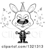Lineart Clipart Of A Cartoon Black And White Mad New Year Party Rabbit Royalty Free Outline Vector Illustration