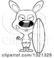 Lineart Clipart Of A Cartoon Black And White Mad Rabbit Surfer Royalty Free Outline Vector Illustration