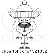 Lineart Clipart Of A Cartoon Black And White Mad Rabbit In Winter Apparel Royalty Free Outline Vector Illustration