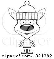 Lineart Clipart Of A Cartoon Black And White Happy Rabbit In Winter Apparel Royalty Free Outline Vector Illustration