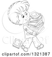 Poster, Art Print Of Cartoon Black And White School Boy In A Uniform Walking With A Stack Of Toppling Books