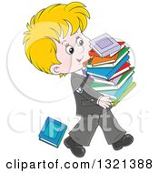 Poster, Art Print Of Cartoon Blond White School Boy In A Uniform Walking With A Stack Of Toppling Books
