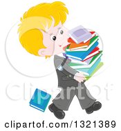 Poster, Art Print Of Cartoon Blond Caucasian School Boy In A Uniform Walking With A Stack Of Toppling Books