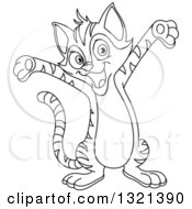 Lineart Clipart Of A Cartoon Black And White Happy Cheering Tabby Cat Royalty Free Outline Vector Illustration