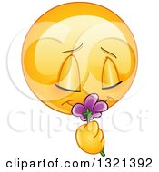 Cartoon Yellow Emoticon Smiley Face Smelling A Flower