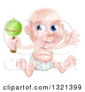 Bald Blue Eyed White Baby Boy Sitting In A Diaper And Shaking A Rattle