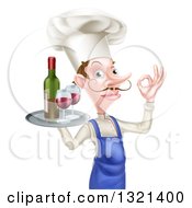 White Male Chef With A Curling Mustache Gesturing Okay And Holding A Tray With Red Wine