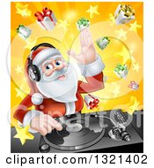 Poster, Art Print Of Happy Santa Claus Dj Wearing Headphones And Mixing Christmas Music On A Turntable Over A Starburst And Gifts