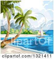 Poster, Art Print Of Tropical Beach With A Sailboat And Palm Trees