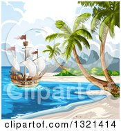 Poster, Art Print Of Ship At A Tropical Beach With Palm Trees