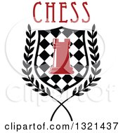 Red Chess Rook Piece In A Checkered Shield And Wreath With Text