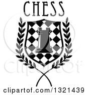 Poster, Art Print Of Black And White Chess Rook Piece In A Checkered Shield And Wreath With Text
