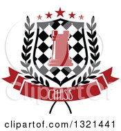 Red Chess Rook Piece In A Checkered Shield With Stars And A Wreath Over A Text Banner
