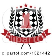 Clipart Of A Red Chess Rook Piece In A Checkered Shield With Stars And A Wreath Over A Blank Red Banner Royalty Free Vector Illustration